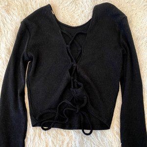 Lace up Back Ribbed Sweater Black Long Sleeve